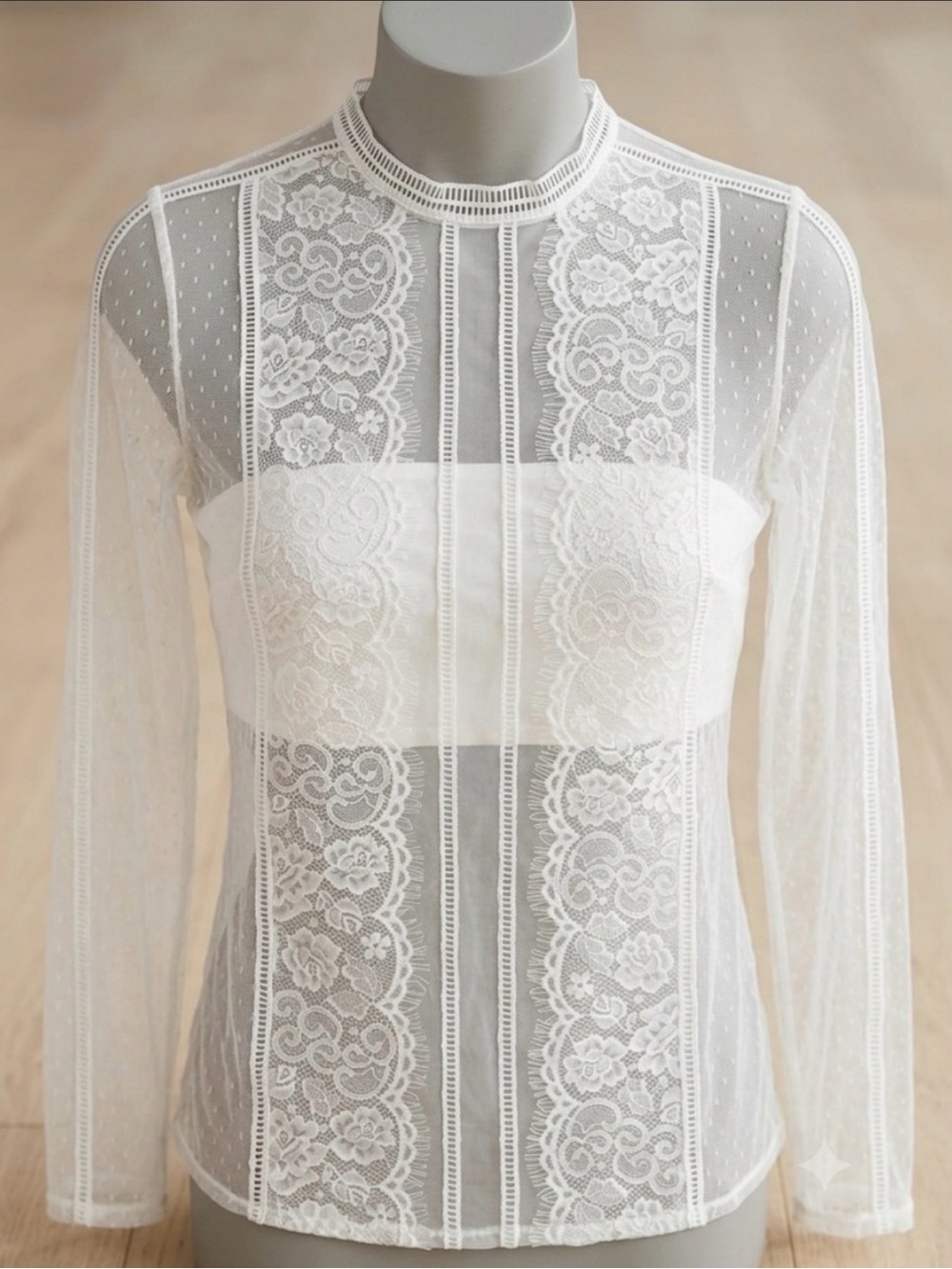 Express Vintage-style sheer off white lace and mesh mock neck blouse Size M